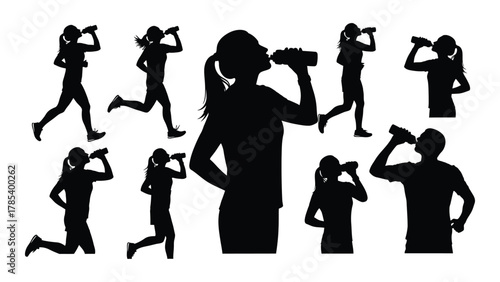 Running and hydration silhouettes isolated on white background, Vector