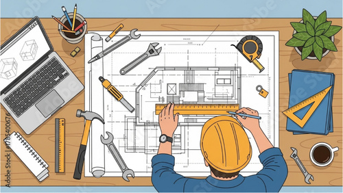 Architect Blueprint Desk Creating, Planning, and Constructing Design