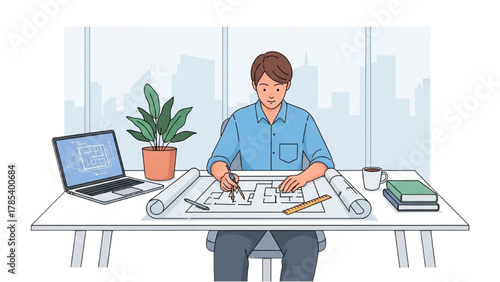 Architect working on blueprints at a desk with a laptop and plants