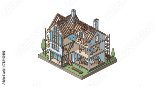 Isometric illustration depicting a residential house under active construction, showcasing architectural plans and building progress through a cross-section