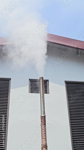 Smoke billowing from a chimney against a building facade