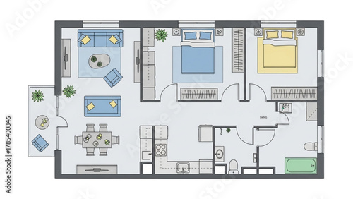 Modern Two-Bedroom Apartment Floor Plan Layout Showcasing Interior Design and Functional Living Spaces with Furniture