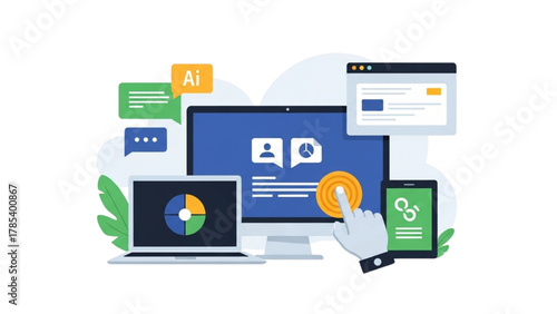 Business technology concept with AI chat, data visualization, and user interface on multiple devices