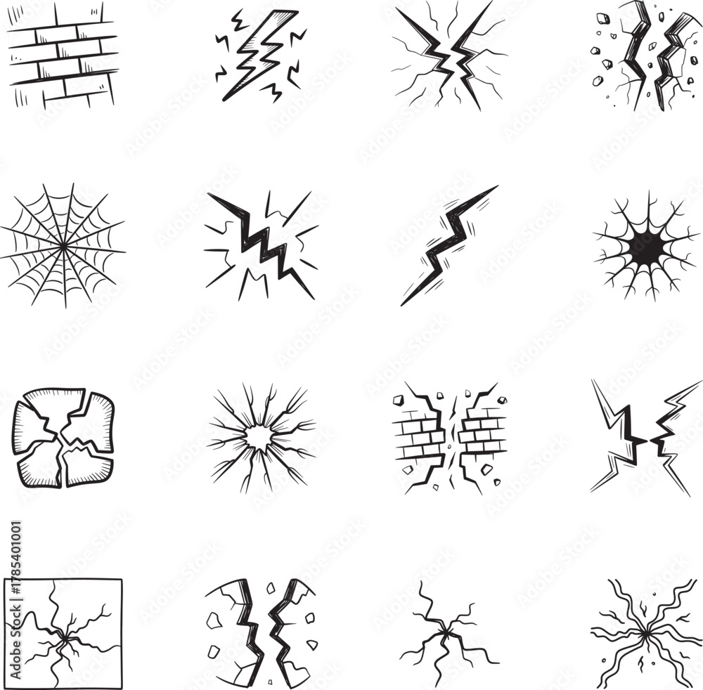 Naklejka premium Cracks and Breaks doodle line art collection. Includes line art symbols crack, break, fracture, damage, lightning and more. Isolated doodles. Crack doodle set.