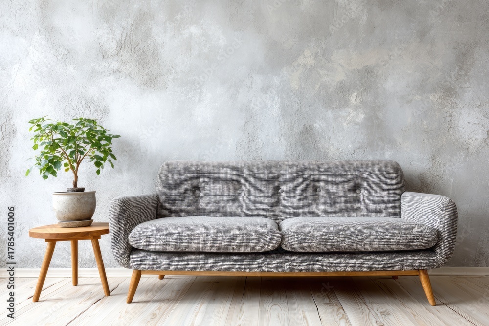 Fototapeta premium Gray sofa and potted plant against textured wall