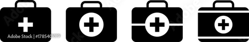 Four black first aid kit icons with white cross symbols