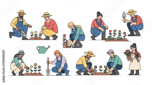 Various Individuals Engaging in Joyful Gardening Activities, Planting and Tending Flowers and Plants
