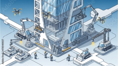Automated building construction showcasing advanced robotics and AI technology