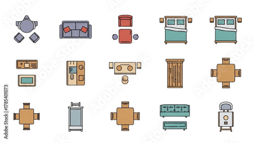 Collection of furniture icons in top view for interior design plans and architectural layouts