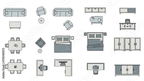 Flat vector illustration set of home furniture icons for floor plan design and architectural layouts