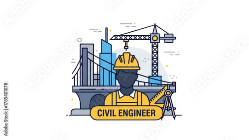 Civil Engineer Construction Site Icon with Crane and Buildings Illustration