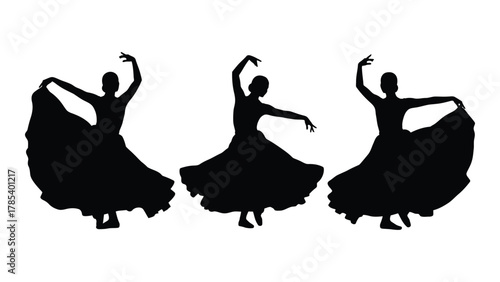 Three dancing women silhouettes isolated on white background, Vector