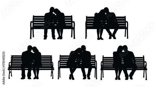 Couples silhouettes on benches isolated on white background, Vector