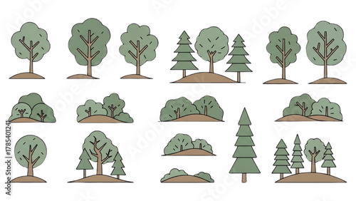 A collection of stylized vector icons featuring various green trees, pines, and shrubs for nature-themed design