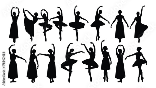 Ballerina silhouettes in various poses isolated on white background, Vector