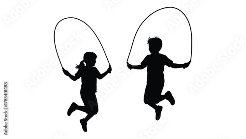Children jumping rope silhouette isolated on white background, Vector