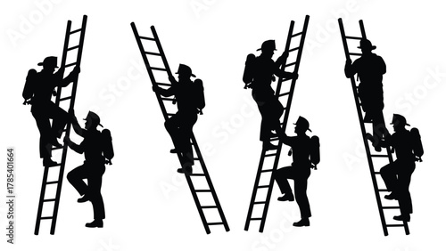 Firefighter silhouettes climbing ladders isolated on white background, Vector