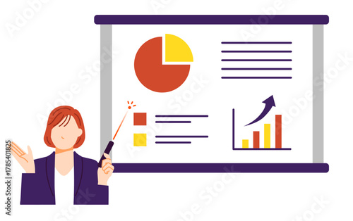 ビジネスウーマンがレーザーポインターでグラフの説明をしているイラスト