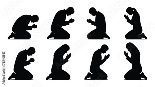 Kneeling prayer silhouettes isolated on white background, Vector