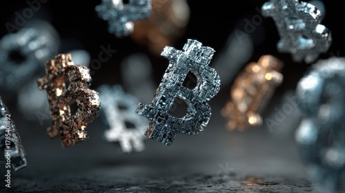 Fototapeta Naklejka Na Ścianę i Meble -  Cryptocurrency symbols rotating midair digital space 3d visualization abstract design