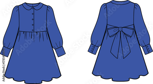 Long sleeve dress sketch, puffed sleeve design, button-down front, rounded collar, gathered waist, decorative bow, fashion illustration, vector apparel, stylish children’s outfit