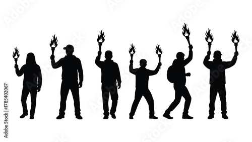 People holding torches silhouette isolated on white background, Vector