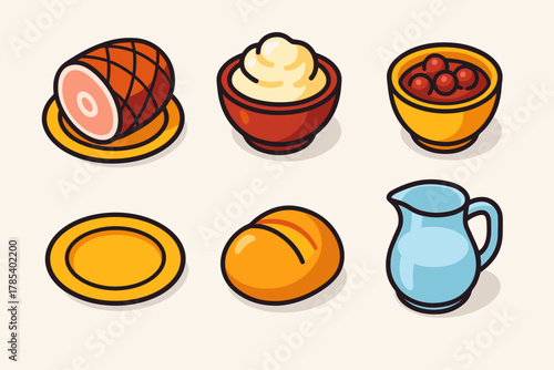 Festive Dinner Icons. Festive Dinner modern flat icon set: glazed ham, mashed potatoes, cranberry sauce, golden plate, bread roll, glass pitcher.