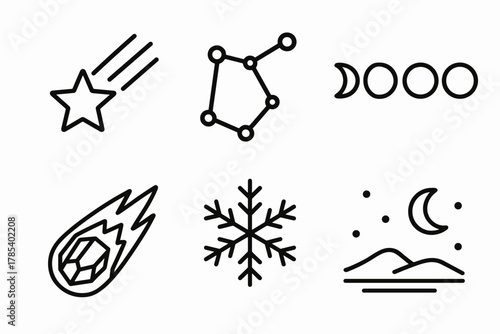 Celestial Winter Icons. Celestial Winter outline icon set: shooting star, constellation, moon phase, icy comet, crystal snow, midnight horizon.