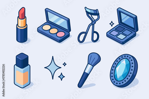 Winter Makeup Icons. Winter Elegant Beauty modern flat icon set: lipstick tube, highlighter palette, eyelash curler, eyeshadow compact, foundation bottle, glitter sparkle, makeup