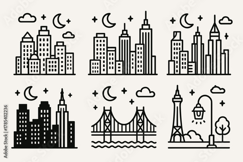 Nighttime Cityscape Icons. City Skyline Night outline icon set: skyscrapers, crescent moon, stars, bridge, lit windows, streetlights, tower silhouette, night clouds.