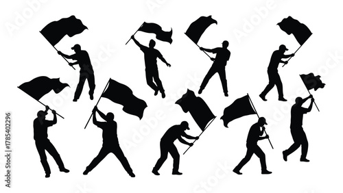 Silhouettes of people waving flags isolated on white background, Vector