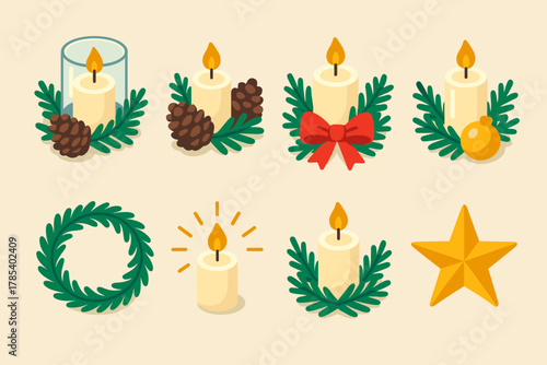 Festive Candle Icons. Holiday Candle Centerpieces modern flat icon set: glass candle holder, pinecones, red ribbon, evergreen sprigs, gold ornament, candle glow, wreath, star.