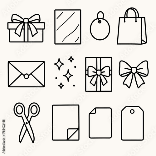 Elegant Gift Wrapping Icons. Elegant Holiday Packaging outline icon set: satin ribbon, metallic paper, pearl tag, gift bag, envelope, sparkle confetti, wrapping sheet, gold bow,