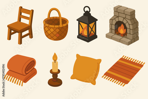 Rustic Interior Icons. Rustic Cozy Interiors modern flat icon set: wooden chair, woven basket, lantern, stone fireplace, wool blanket, candle holder, pillow, rug.