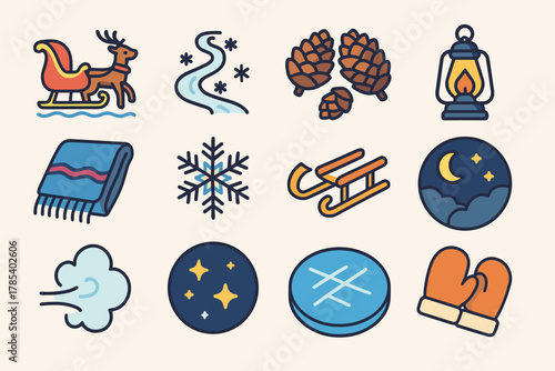 Sleigh Ride Icons. Sleigh Ride modern flat icon set: reindeer sleigh, snow trail, pine cones, flickering lantern, wool blanket, snowflake pattern, sled runners, frosty night,