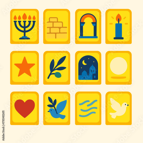 Jerusalem Icon Set. Jerusalem Window Lights modern flat icon set: menorah flame, old city stone, arch window, candle glow, star, olive branch, night skyline, soft reflection, gold