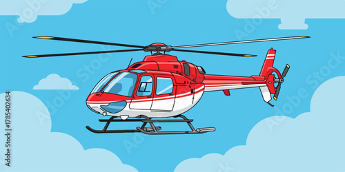 A red and white cartoon helicopter flying in a bright blue sky with fluffy white clouds.