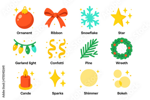 Festive Sparkle Icons. Elegant Festive Sparkle modern flat icon set: ornament shine, satin ribbon, snowflake gleam, star sparkle, garland light, gold confetti, pine branch, wreath,