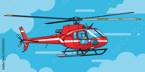 A red and white helicopter flying in a blue sky with white clouds, depicted in a cartoon style.