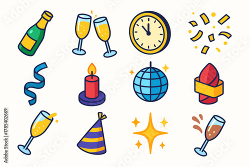 Midnight Toast Icons. Midnight Toast modern flat icon set: sparkling wine bottle, crystal flute pair, countdown clock, golden confetti, ribbon swirl, candlelight glow, party