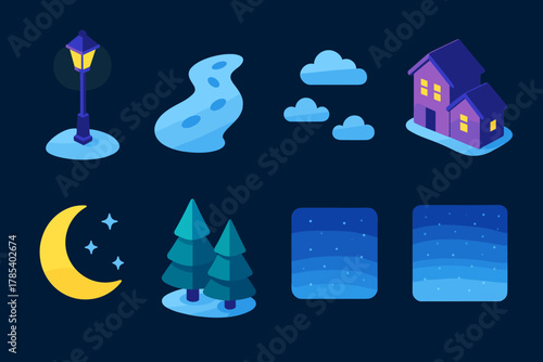 Midnight Winter Icons. Midnight Winter Calm modern flat icon set: dim lamppost, snow trail, still air, silent houses, moon above, pine trees, glowing windows, frosty sky.