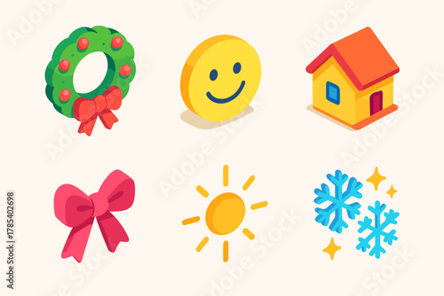 Joyful Balance Icons. Joyful Balance modern flat icon set: wreath, smiling face, cozy home, ribbon bow, gentle glow, sparkling snow.