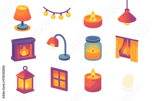 Cozy Lighting Icons. Cozy interior lighting icons modern flat icon set: bedside lamp, fairy lights, tea light candle, pendant lamp, glowing fireplace, reading light, wax candle jar