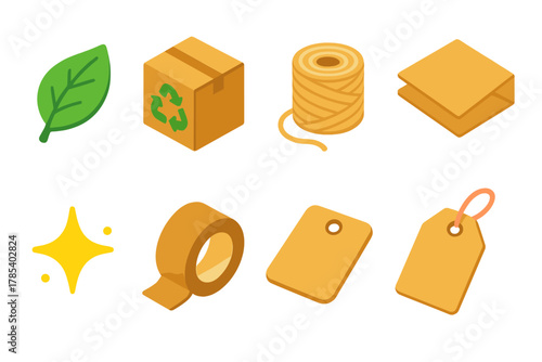 Eco Packaging Icons. Eco Packaging modern flat icon set: leaf, recycled box, string, kraft paper, sparkle, tape, label, tag.