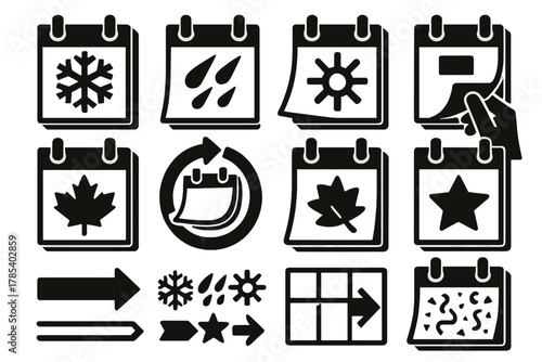 Brutalist Seasonal Icons. Seasonal calendar flip set bold vector icon set: January snowflake page, April rain icon, July sun, October leaf, rotating calendar wheel, hand flipping