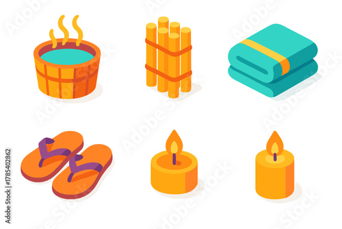 Isometric Spa Icons. Relaxing Springs modern flat icon set: steaming bath, bamboo mat, folded towel, sandals, candle, warm glow.