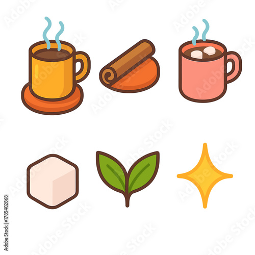 Cozy Hot Drinks Icons. Cozy Hot Drink Icons modern flat icon set: mug with steam, cinnamon stick, coaster, marshmallow, tea leaf, sparkle.