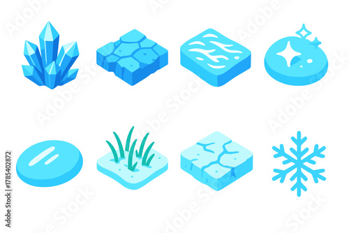 Winter Surface Icons. Winter Surface Details modern flat icon set: ice crystal cluster, frozen ground, frosty texture, snow sparkle close-up, smooth ice patch, frozen grass, snow