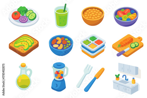 Healthy Eating Icons. Nutritious Eating modern flat icon set: plate with vegetables, smoothie glass, whole grains, avocado toast, nuts and seeds bowl, fruit salad, olive oil bottle