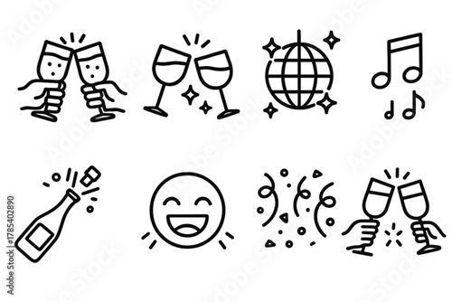 Festive Icons Collage. Festive Cheers outline icon set: group toast, clinking glasses, sparkling bubbles, disco ball, music notes, open bottle, laughter lines, festive confetti.